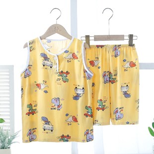 空调服宝宝睡衣夏季 儿童背心短裤 家居男童无袖 薄款 男孩空调服 套装