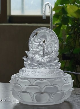 琉璃五路水供黄黑红绿白财神爷B佛像循环流水摆件招财客厅浴佛盆