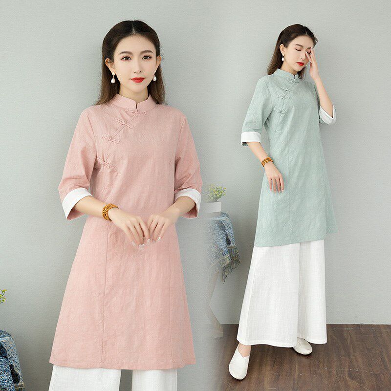 中国风复古棉麻茶服春夏汉服改良版旗袍禅意茶艺裙子阔腿裤套装女