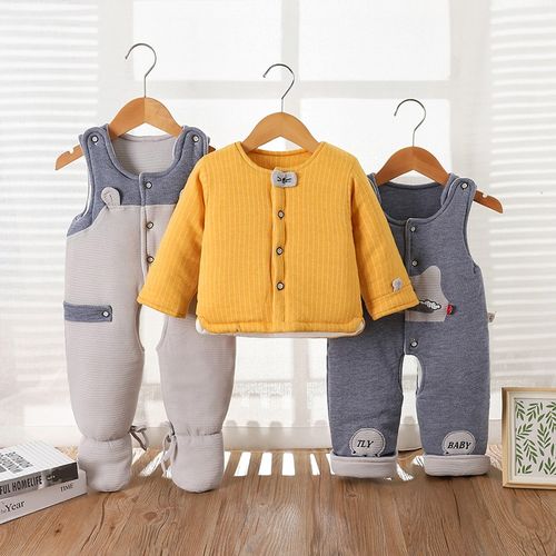 婴儿棉衣套装纯棉3-6-12月宝宝秋冬装新生儿棉服包脚背带裤三件套