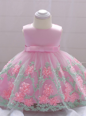 2024夏季新款女童童装儿童婚纱礼服宝宝周岁礼服贴花网纱蓬蓬裙子