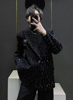 黑色小众西装外套男高级感轻奢烫钻垫肩西服男百搭炸街套装秋冬款