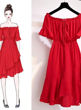 大码别致惊艳红色连衣裙夏2025新款气质显瘦遮肚小个子一字肩裙子