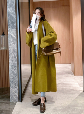 高级感复古绿色中长款针织开衫女春秋季外搭宽松慵懒粗线毛衣外套