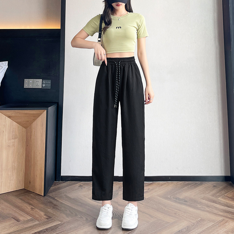 黑色高腰阔腿裤女抽绳休闲裤宽松显瘦直筒长裤女装女裤,女装/女士精品,休闲裤,淘宝优惠券,粉丝福利购,淘宝优惠卷