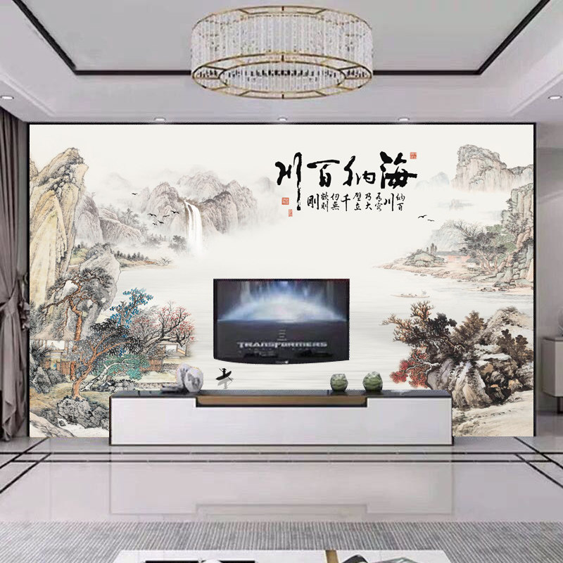 新海纳百川电视背景墙壁画沙发壁纸水墨山水画办公室背景墙布