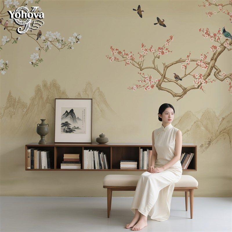 卧室壁画新卧室壁布电视背景墙纸鸟山水风景墙布客厅定制