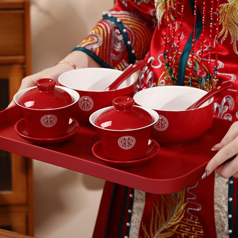 结婚敬茶杯装敬酒婚礼对碗红碗改口茶具碗筷子喜碗陪嫁用品大全