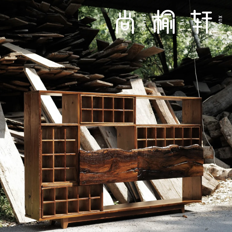 茶室茶叶架侘寂风茶杯架多宝阁老木料展示柜实木博古架