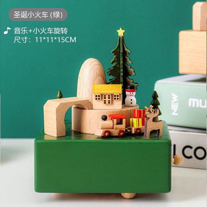 木质八音盒全手工机械音乐盒旋转火车乡村火车音乐盒木制桌面