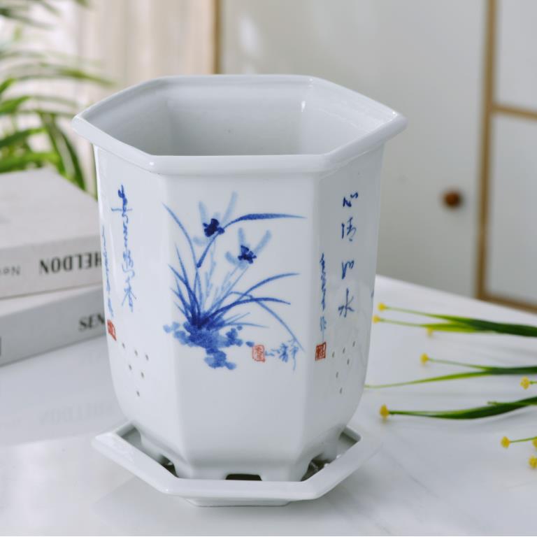 景德镇高温手绘陶瓷花盆特大号超大号兰花专用高盆深盆细长带托盘