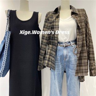 肌理感宽松内搭U领背心裙女百搭宽松垂感显瘦过膝中长款 连衣裙春