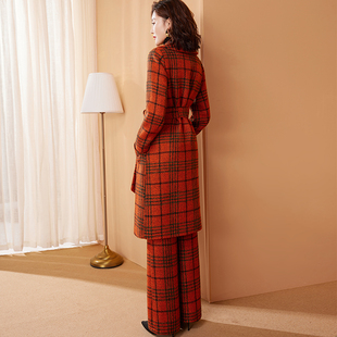 美妃雅羊毛呢格子大衣套装女2021新款秋冬季外套加厚阔腿裤两件套