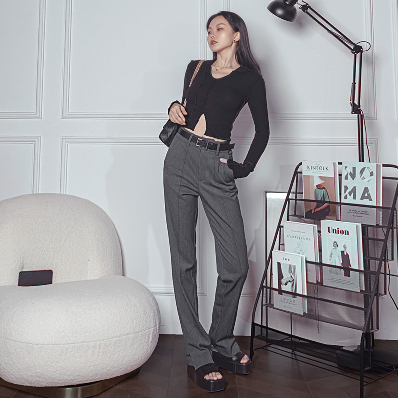 灰色西装裤女春秋2021款TR羊毛高腰直筒显瘦垂坠感修身烟管休闲裤,女装/女士精品,西装裤/正装裤,淘宝优惠券,粉丝福利购,淘宝优惠卷