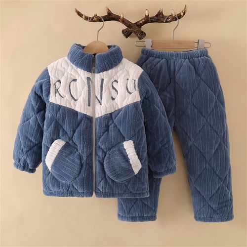 儿童冬季三层夹棉珊瑚绒睡衣女童女孩加厚加绒男孩家居服2023新款