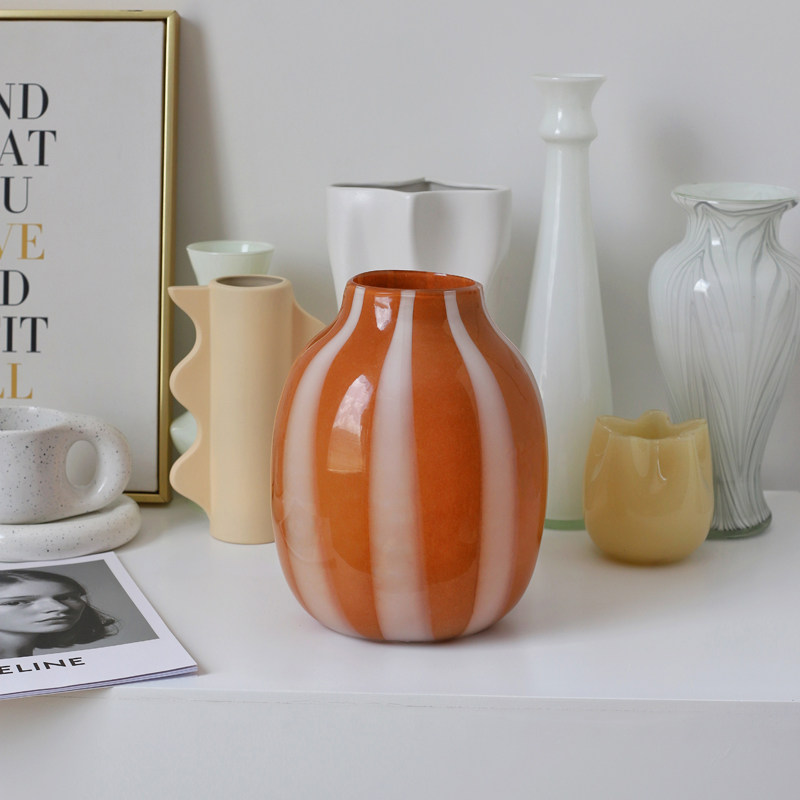 手工吹制玻璃花瓶家居创意摆件俏皮橙色条纹琉璃花瓶粉色器皿