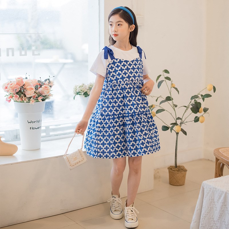 女童夏装裙子a字裙套装两件套假两件2024新款儿童洋气时尚学院风