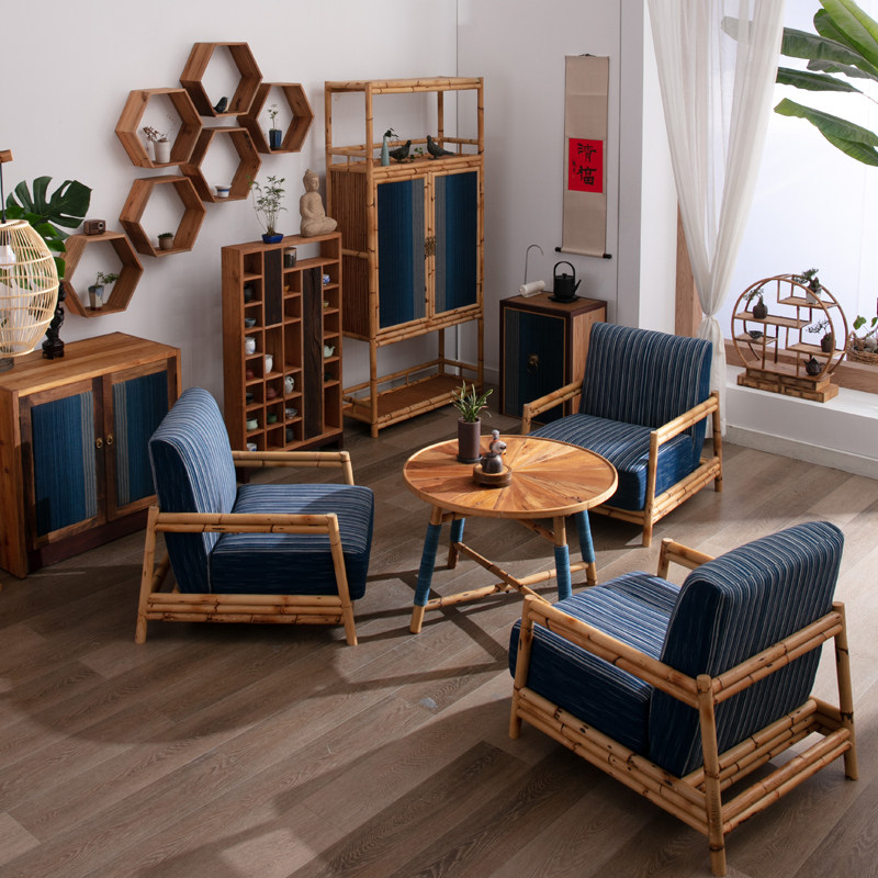 赋石工坊植物染竹藤客厅单人沙发懒人阳台休闲椅组合民宿茶室家具