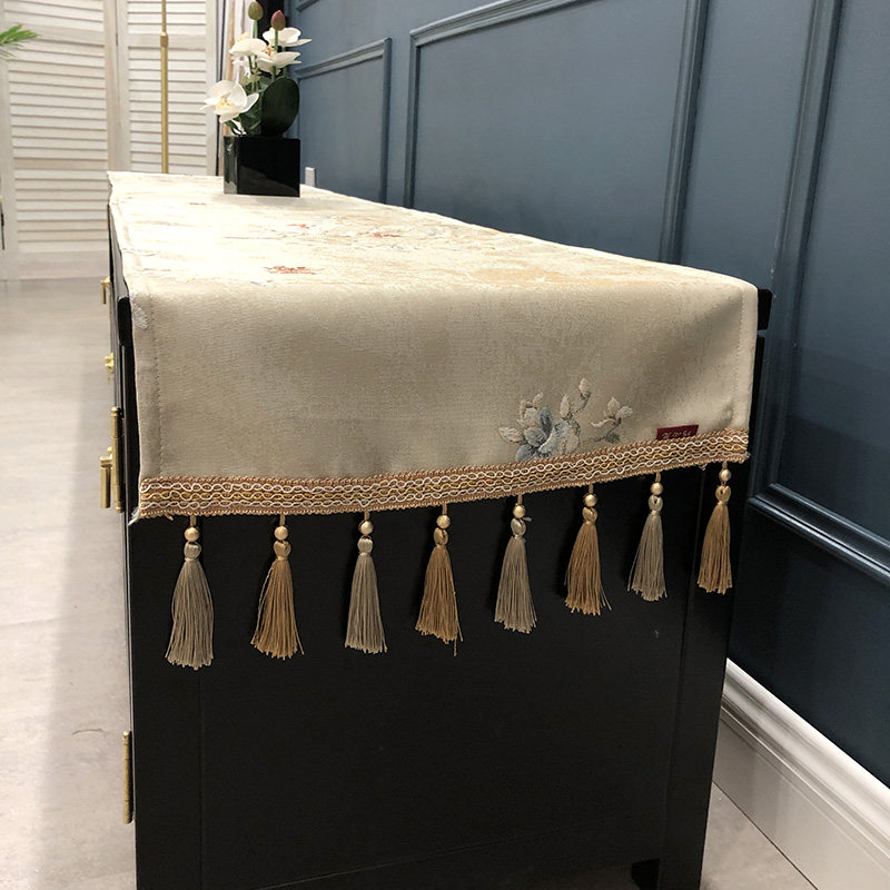 新中式电视柜桌布提花布艺流苏花边盖巾长条轻奢盖布台布防尘罩