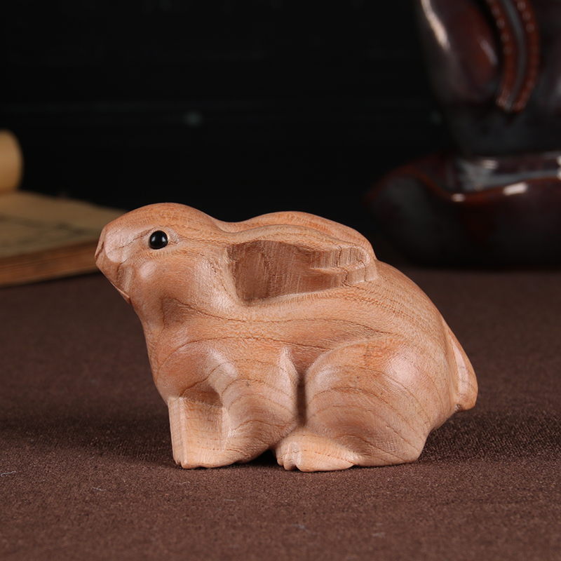 正宗桃木兔子招财木质实木木雕摆件12十二生肖小客厅桌面手把件