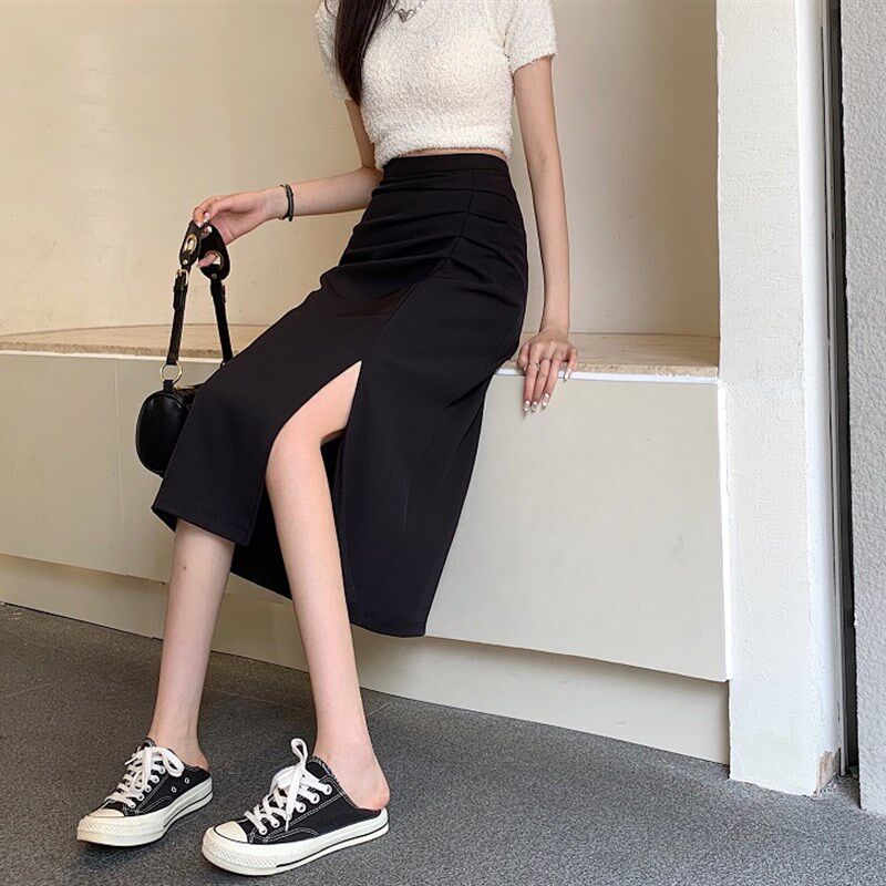 夏季新款设计感褶皱中长款半身裙大码显瘦a字裙开叉树莓粉色长裙