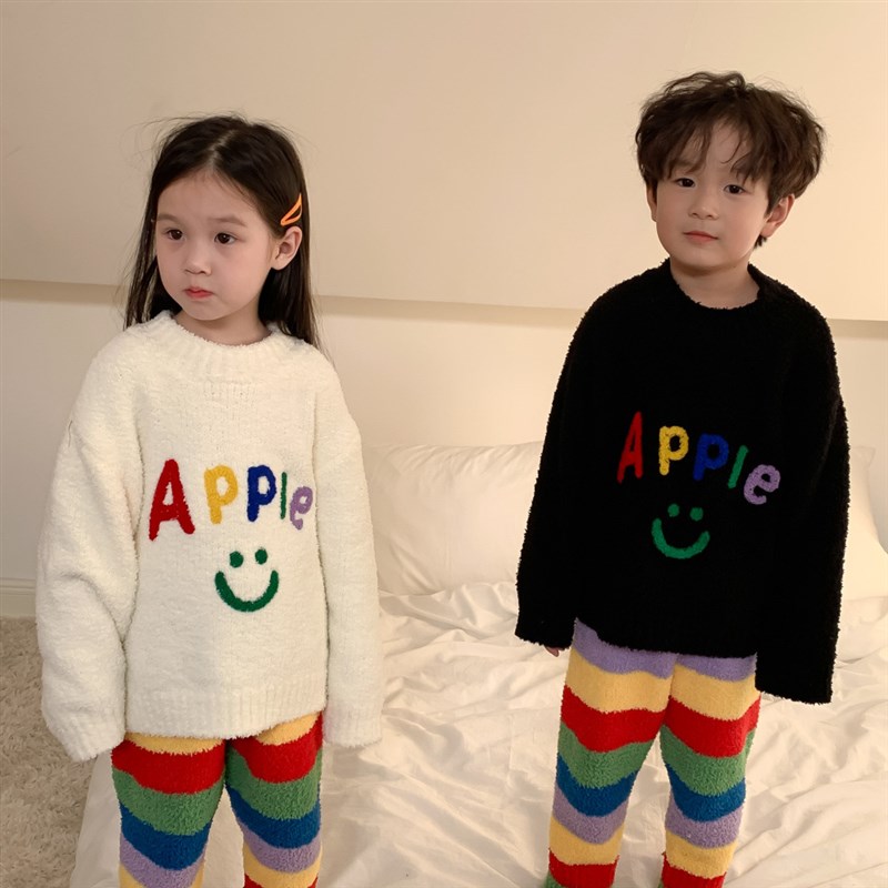 儿童珊瑚绒睡衣男孩冬季彩虹条居家服男女童加厚软绵绵家居服套装