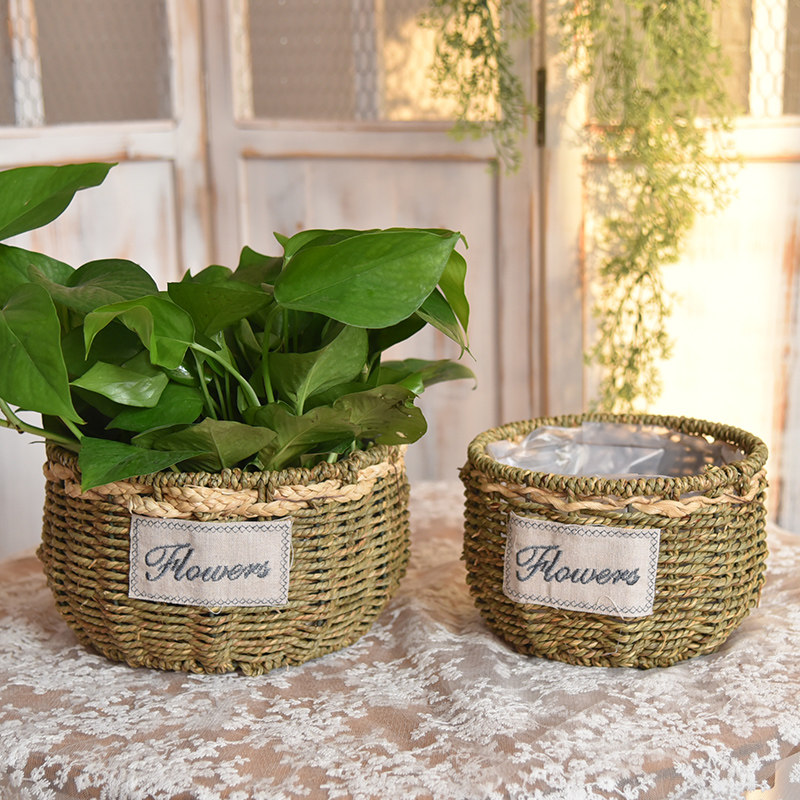 创意花篮草编藤编花盆摆件客厅插花植物土培绿萝花盆编织篮子装饰,家居饰品,花篮,淘宝优惠券,粉丝福利购,淘宝优惠卷