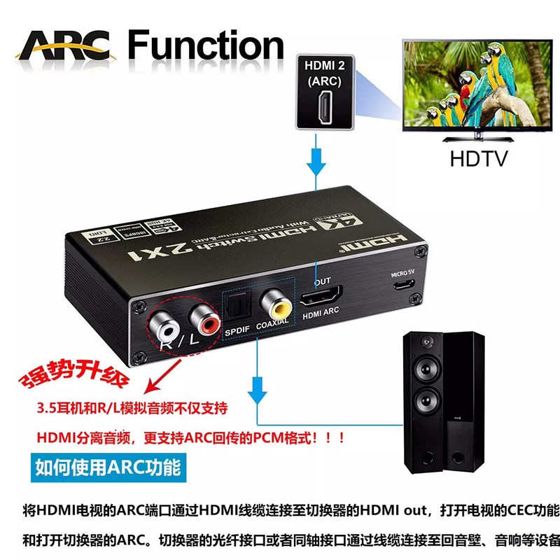4k60hz高清电脑hdmi切换器二进一出带音频口支持自动切换hdr和3D