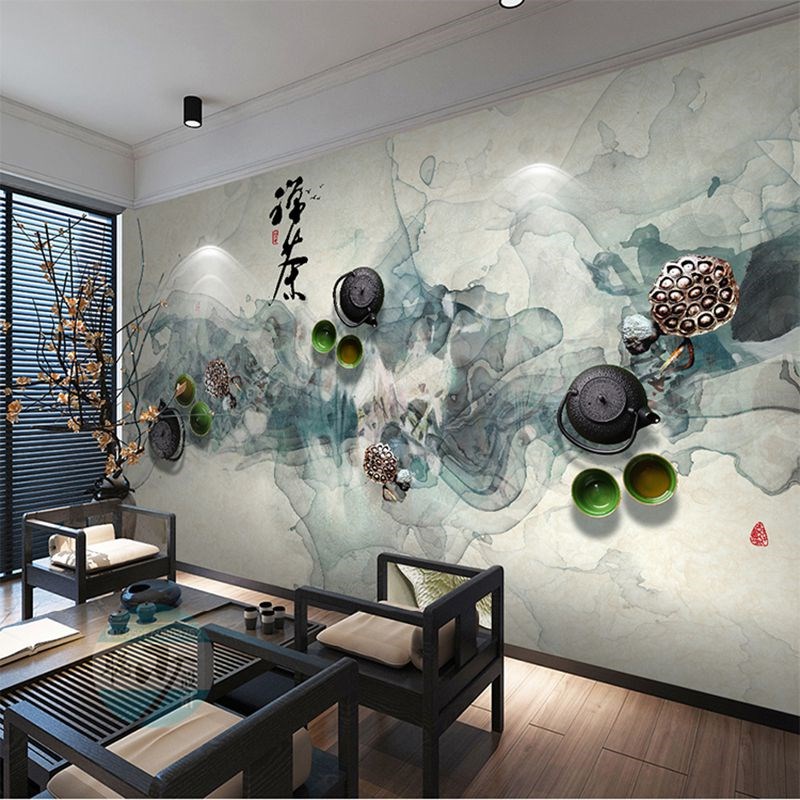 茶道茶文化背景墙纸茶馆书法挂画茶叶店装饰壁画茶室茶楼茶庄墙布
