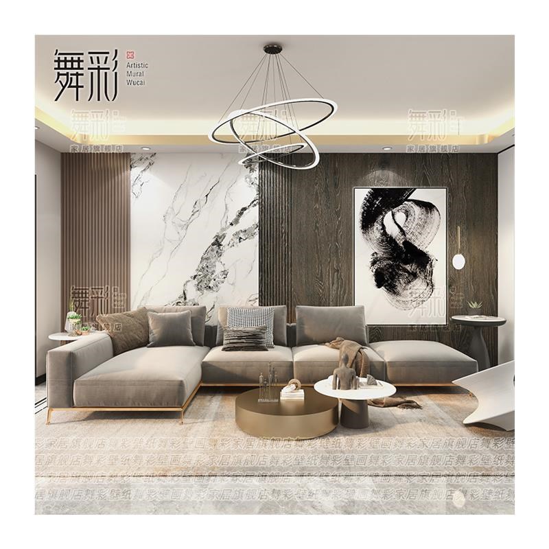 客厅壁纸现代沙发电视背景墙布木纹几何线条大气卧室装饰墙纸