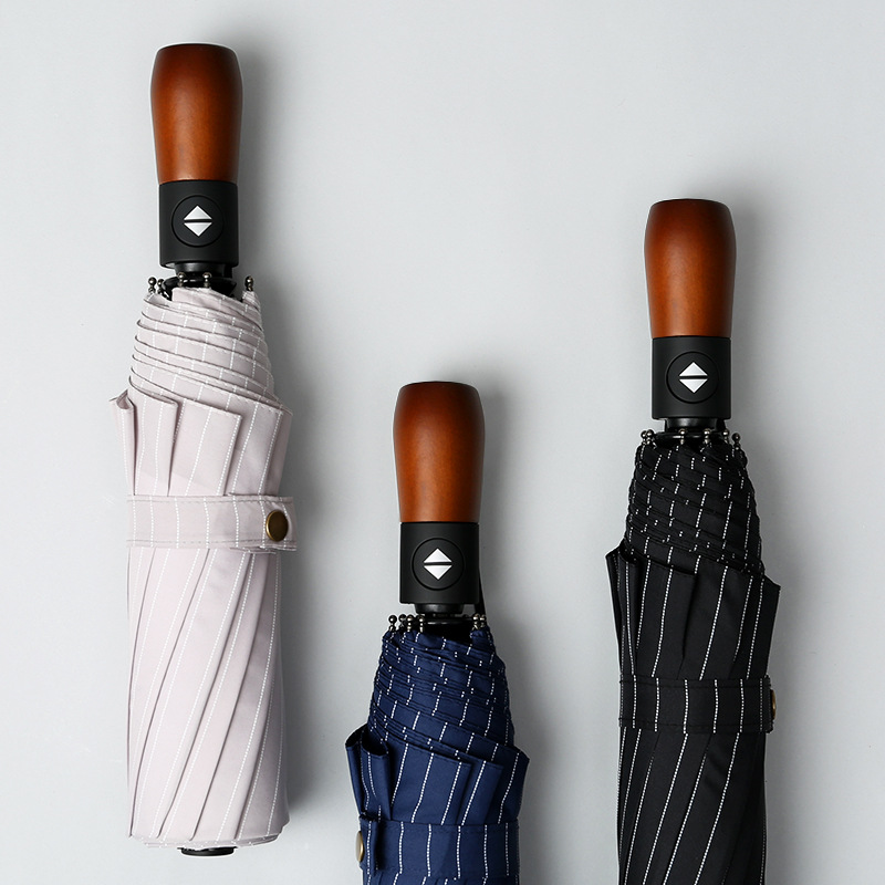 商务条纹十骨防风雨伞全自动晴雨折叠伞实木手柄绅士时尚ins雨伞