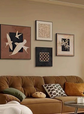 轻法式中古风客厅装饰画高级感石膏线框文艺范挂画小众燕子复古画