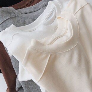 柔软纯棉圆领打底衫女秋冬内搭温柔米色长袖宽松显瘦百搭t恤上衣