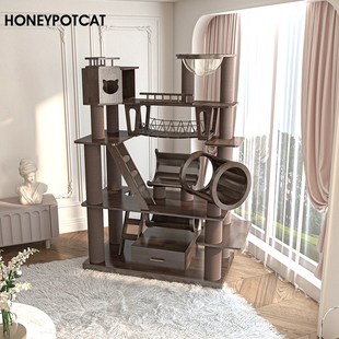 蜜罐猫 大型实木猫爬架猫窝猫树一体猫城堡漆面黑胡桃木色h210606