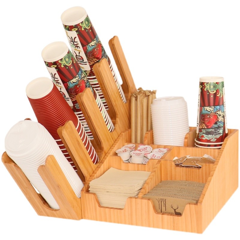 木质一次性纸杯架吧台商用纸巾吸管收纳盒咖啡奶茶店杯架取分杯器