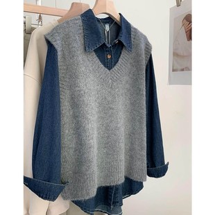 牛仔衬衫叠穿马甲套装女2025年秋冬新款复古港风小个子衬衣两件套