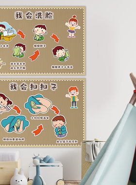 幼儿园午睡区休息室生活好习惯培养擦脸擦屁股穿衣服裤子环创贴画