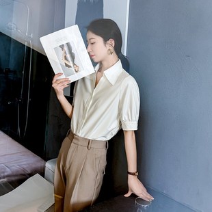 气质白衬衫女高级感抗皱夏短袖职业正装公务员面试高品质翻领上衣