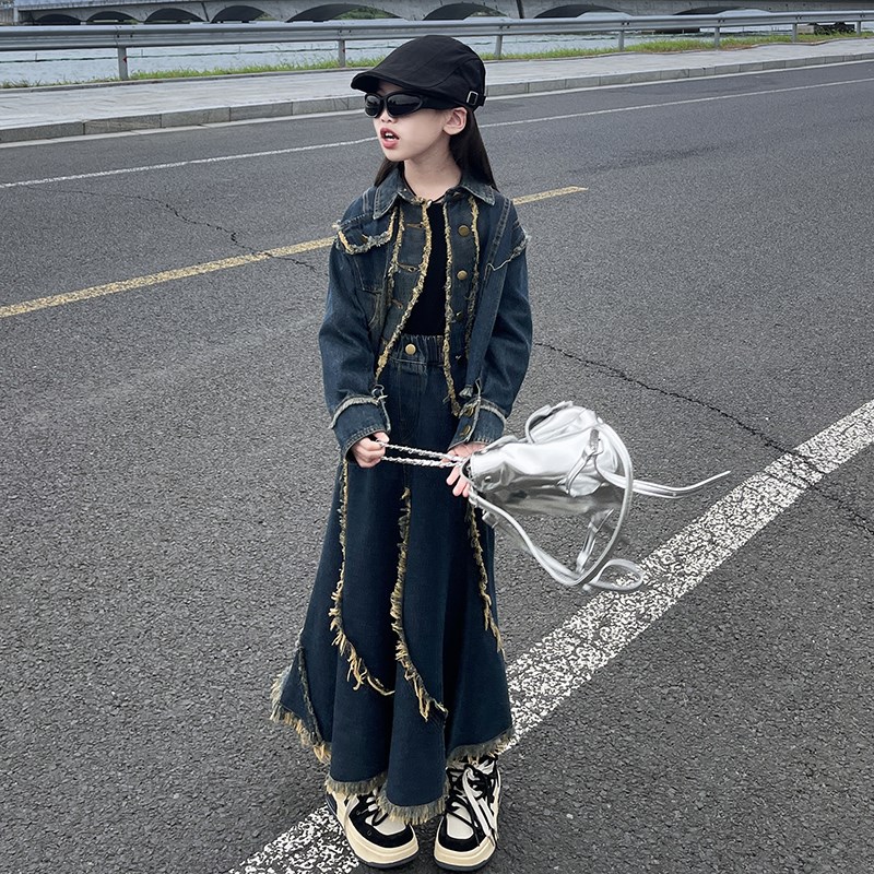 女童连衣裙秋季2024新款早秋女大童牛仔外套洋气秋装儿童套装裙子