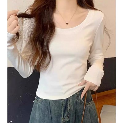 纯棉白色低领打底衫女薄款长袖T恤2025新款秋冬内搭秋衣修身上衣