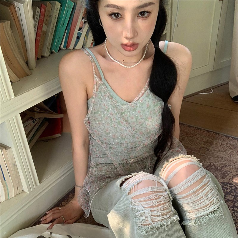 清新甜茶~叠穿薄款碎花防晒衫罩衫上衣+内搭吊带背心两件套