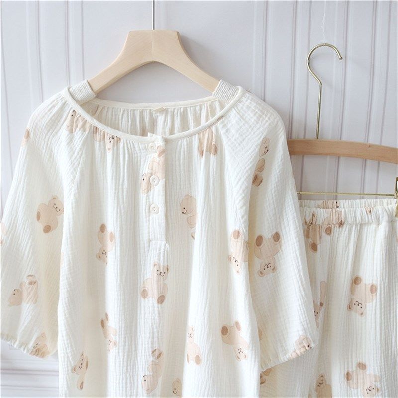 圆领套头五分袖棉纱布睡衣女纯棉薄款夏季全棉短裤家居服套装外出,女士内衣/男士内衣/家居服,睡衣/家居服套装,淘宝优惠券,粉丝福利购,淘宝优惠卷