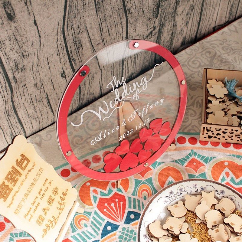 圆形红色浪漫国潮新款婚礼签到板定制木片签名本簿册台框结婚创意,节庆用品/礼品,礼金簿/签名册,淘宝优惠券,粉丝福利购,淘宝优惠卷