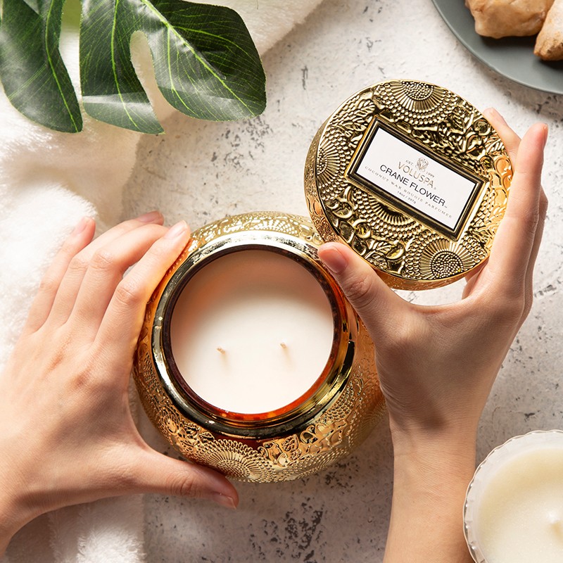 Voluspa浮雕茶碗 香薰蜡烛杯家用无烟安神助眠椰子蜡卧室香氛摆件