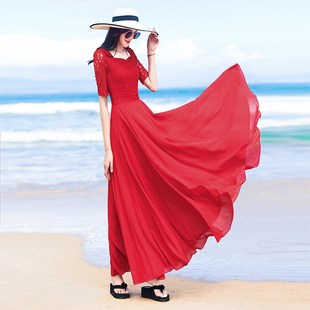 大红色雪纺连衣裙2025新品 大摆波西米亚沙滩长裙女夏 气质显瘦长款