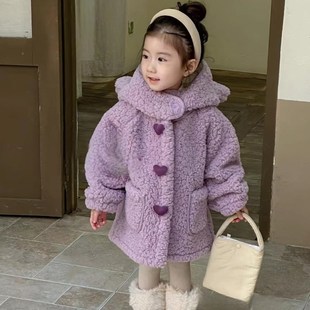 女童加绒外套秋冬2023新款小童连帽长款加厚洋气女宝宝保暖毛毛衣