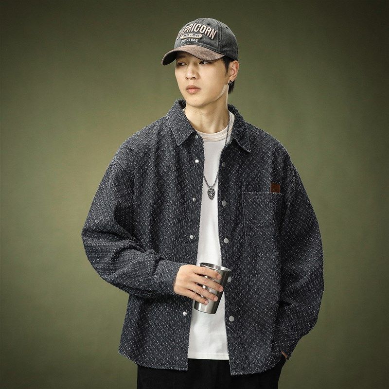 秋季纯棉长袖衬衫男外套宽松潮2023新款美式男生复古休闲翻领衬衫,男装,衬衫,淘宝优惠券,粉丝福利购,淘宝优惠卷