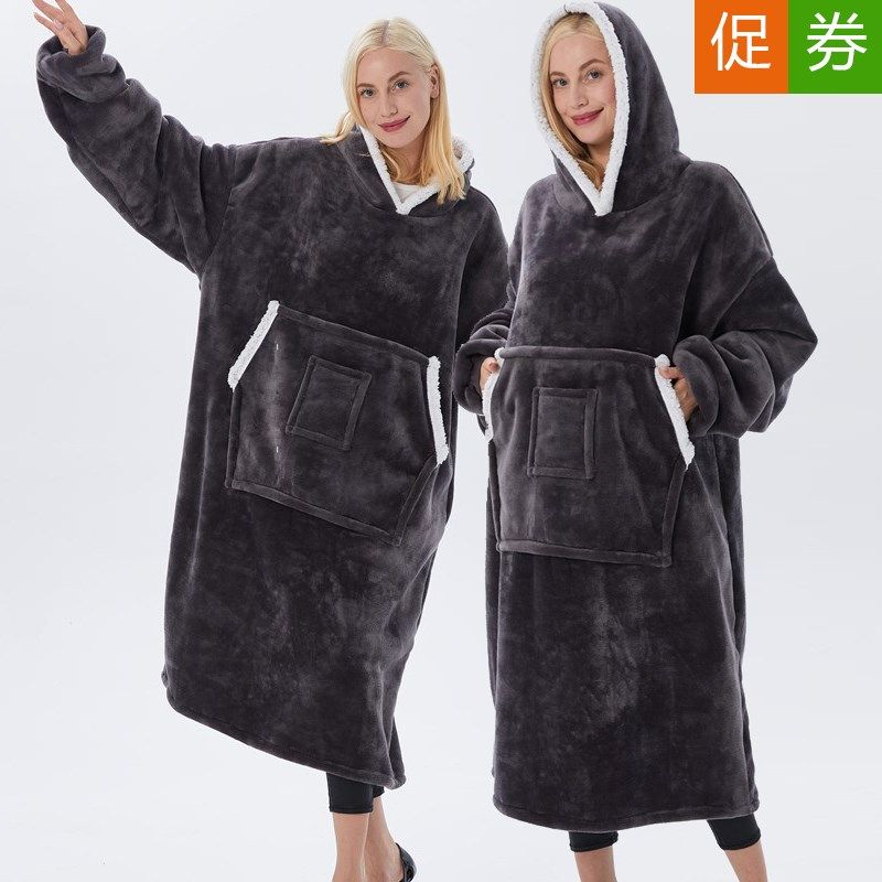 亏促男女情侣秋冬季加厚珊瑚法兰绒连帽睡袍懒人浴袍胖MM大码睡衣