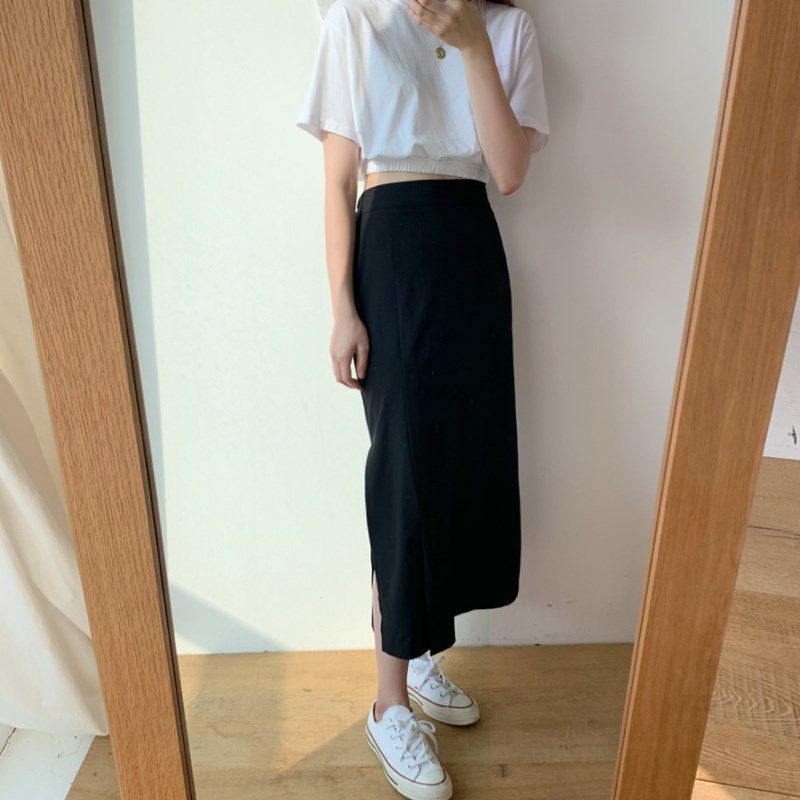 春夏西装面料两边开叉直筒包臀宽松铅笔中长款半身长裙子女装大码