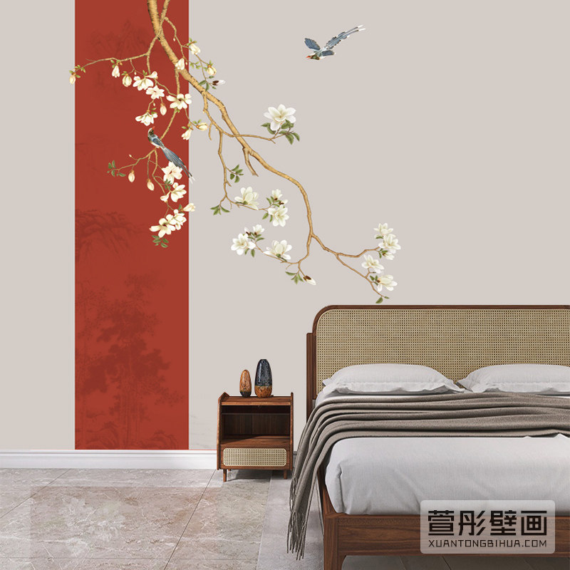 玉兰鸟淡雅墙布现代客厅沙发电视背景墙纸卧室床头定制壁画